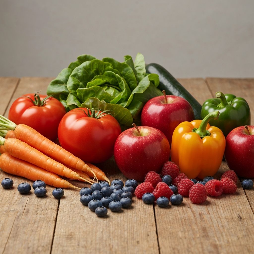 Tuoreita vihanneksia ja hedelmiä pöydällä